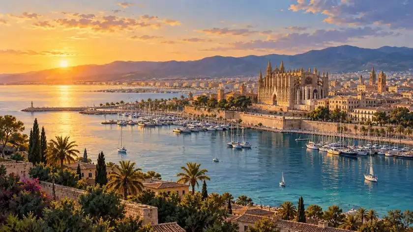 Editorial illustration: Palma bay harbor and cathedral silhouette.