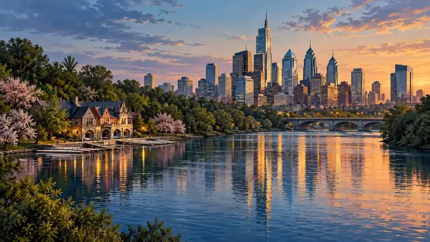 Editorial illustration: Philadelphia skyline above the Schuylkill River.