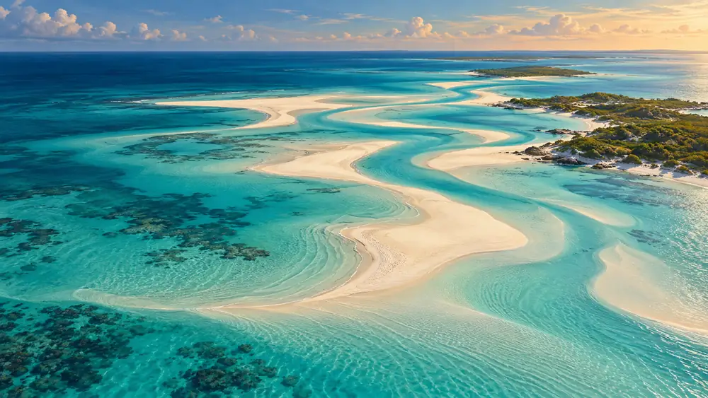 Editorial illustration: Providenciales sandbars in turquoise water.