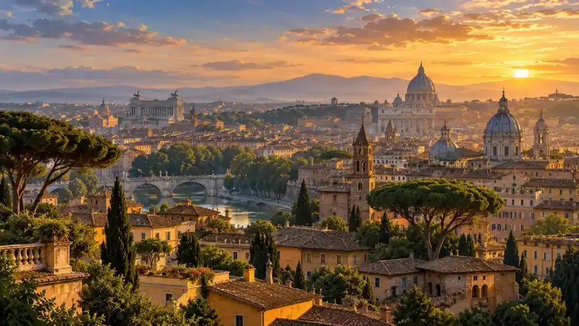 Editorial illustration: Rome golden rooftops and domes.