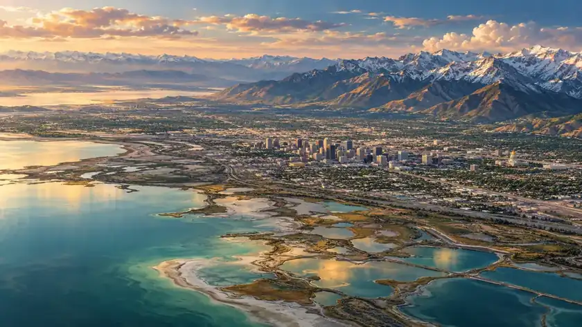 Editorial illustration: Salt Lake basin and the Wasatch Range.