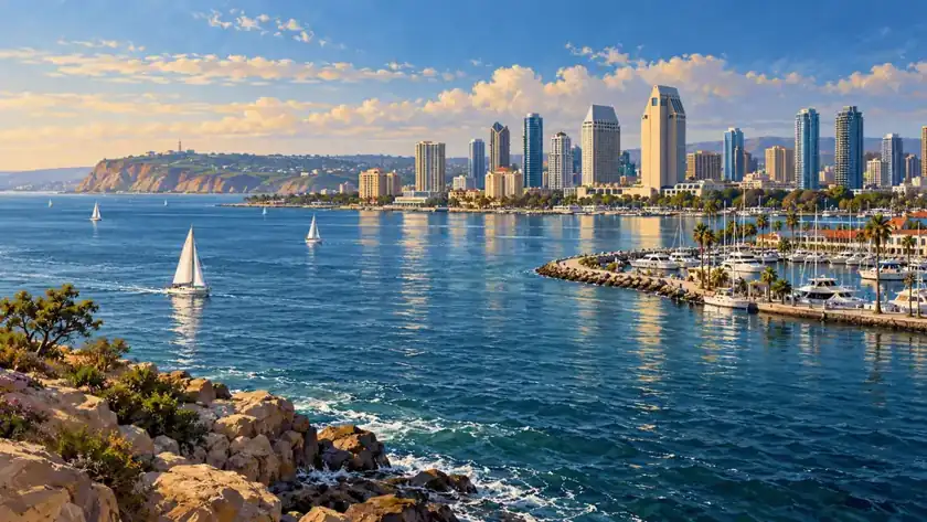 Editorial illustration: San Diego harbor and coastal skyline.