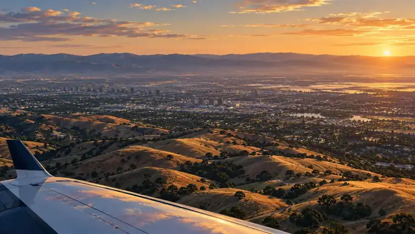 Editorial illustration: Golden hills and Silicon Valley from the air.