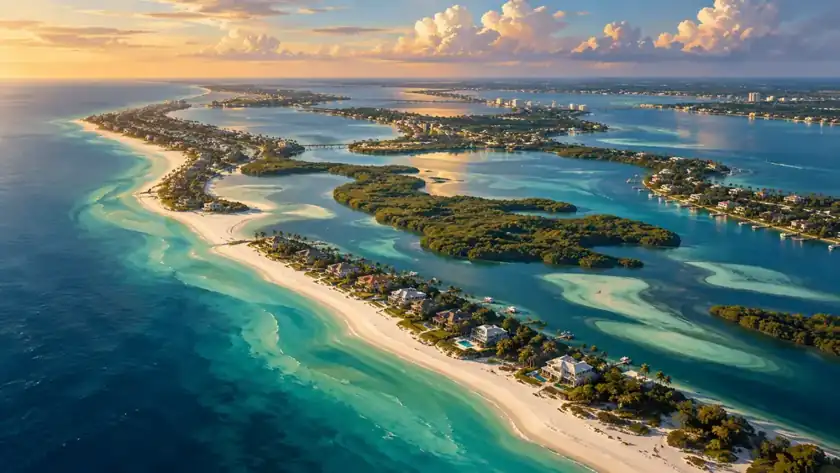 Editorial illustration: Sarasota barrier islands and Gulf coastline.