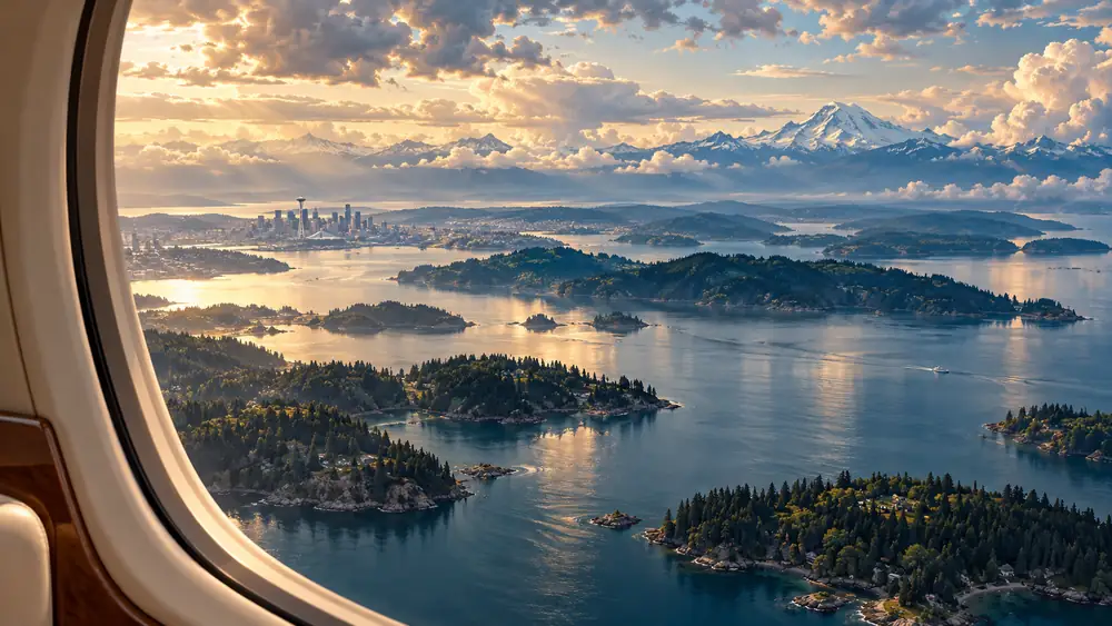 Editorial illustration: Puget Sound and mountains from an aircraft window.