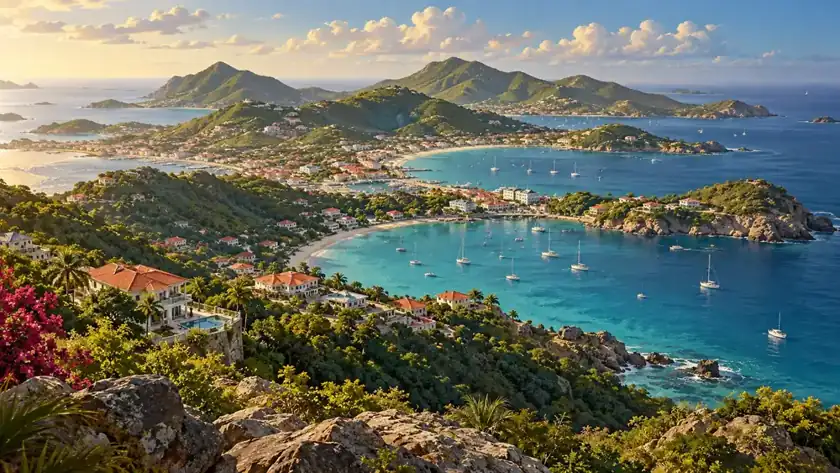 Editorial illustration: St Maarten bays and green hills.