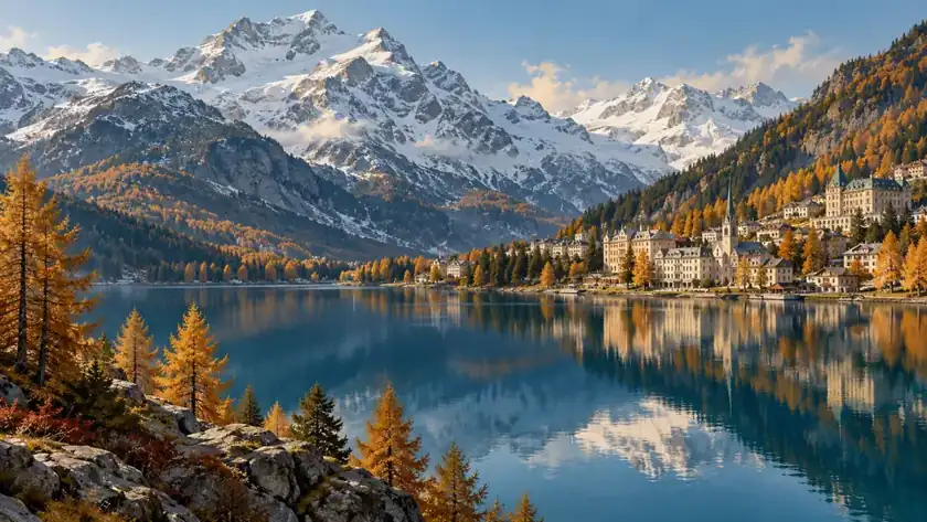 Editorial illustration: St Moritz alpine lake and mountains.