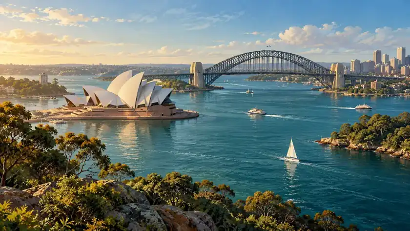 Editorial illustration: Sydney harbor and landmark silhouettes.