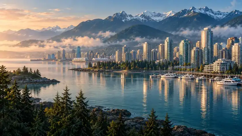 Editorial illustration: Vancouver harbor and coastal mountains.