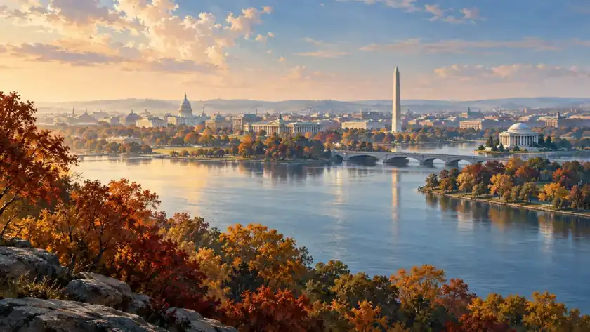 Editorial illustration: Potomac River and Washington skyline.