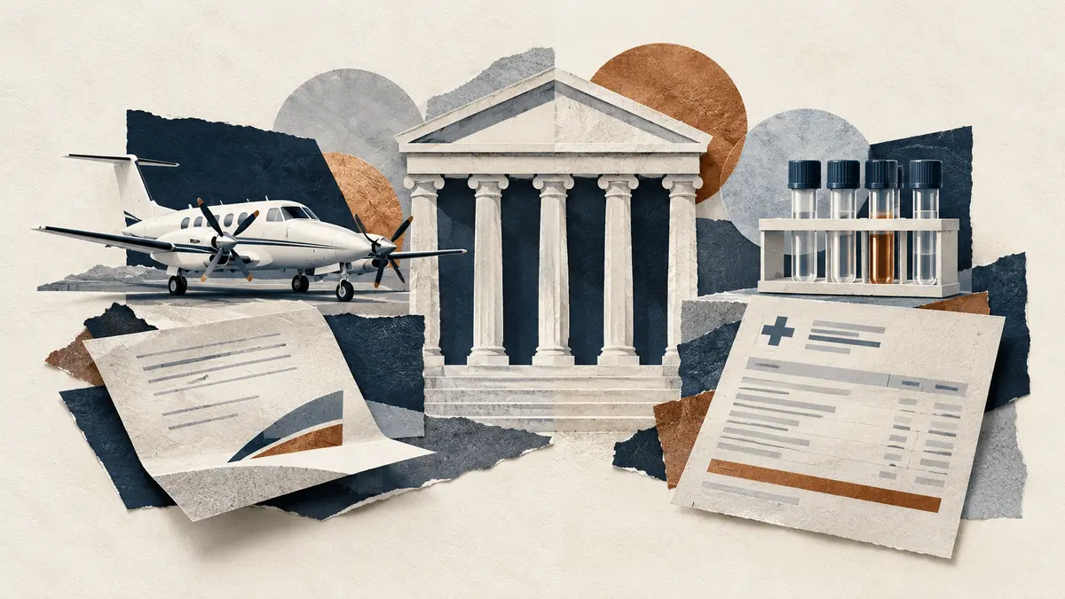 Conceptual illustration combining courthouse columns, a generic private aircraft and laboratory samples