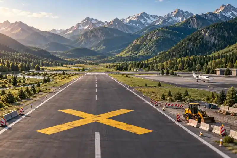 Conceptual mountain airport runway with a yellow closure marker, construction equipment and a business jet parked on a separate apron