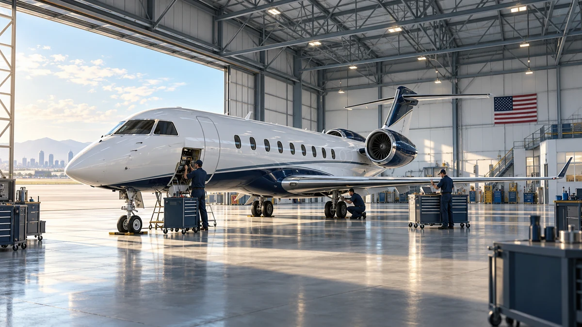 Original illustration of technicians working around a business jet in an imagined American maintenance hangar
