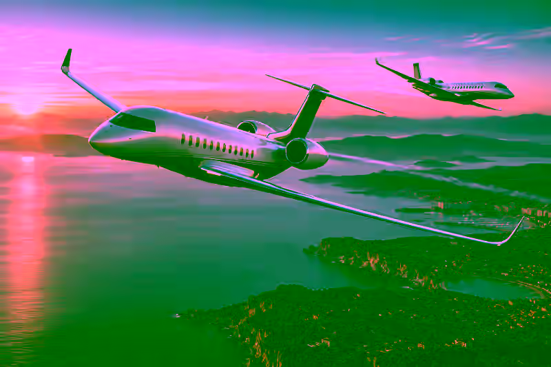 Conceptual pair of unbranded long-range business jets flying above a Mediterranean coastline at sunrise