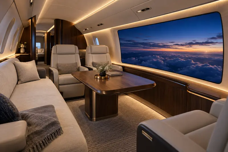 Conceptual luxury business-jet cabin with cream seats, a divan and a large curved sidewall screen showing clouds at dusk