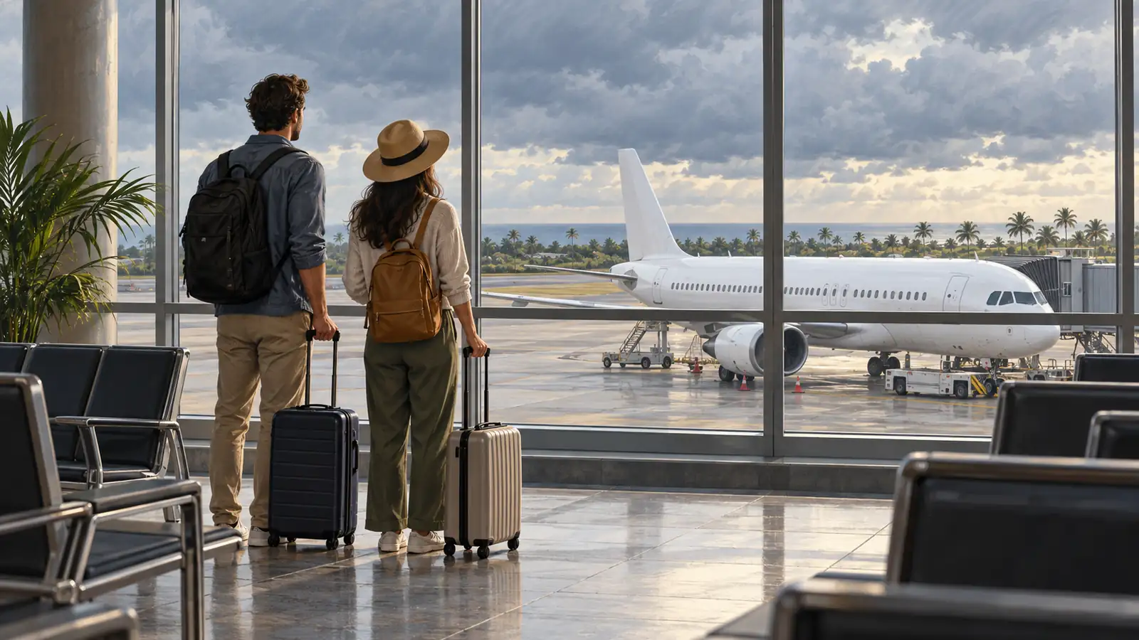 Travelers with carry-on luggage looking toward a passenger jet from an airport departure lounge
