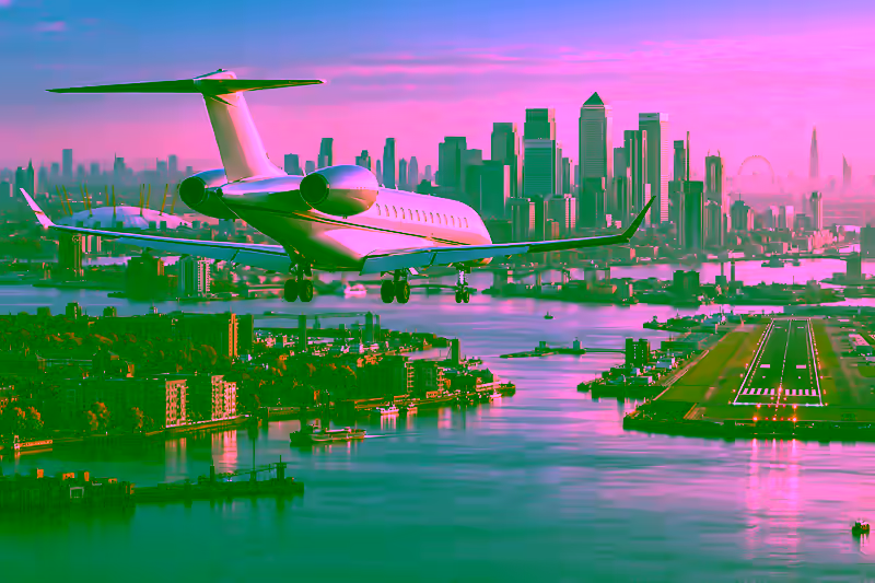 Conceptual unbranded long-range business jet approaching London City Airport with Canary Wharf beyond