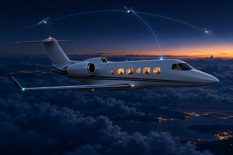 Conceptual illustration of a midsize business jet above clouds with subtle blue signal arcs connecting to satellites at night