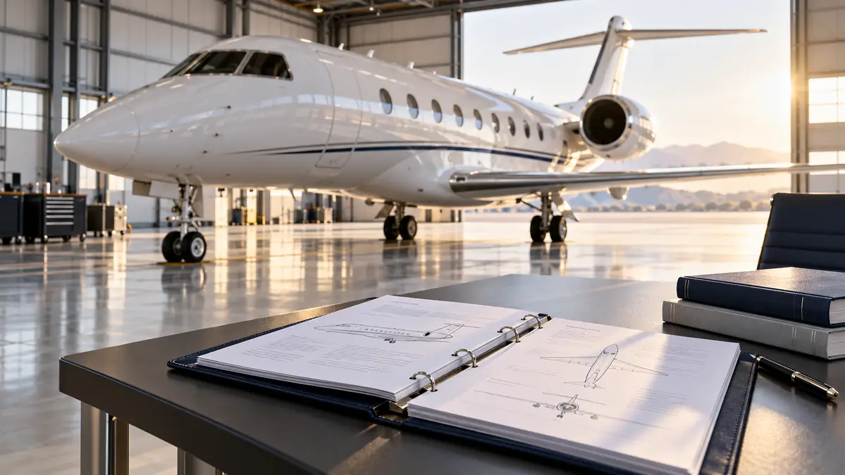 Conceptual editorial illustration of aircraft study materials on a work table in front of a business jet inside a hangar