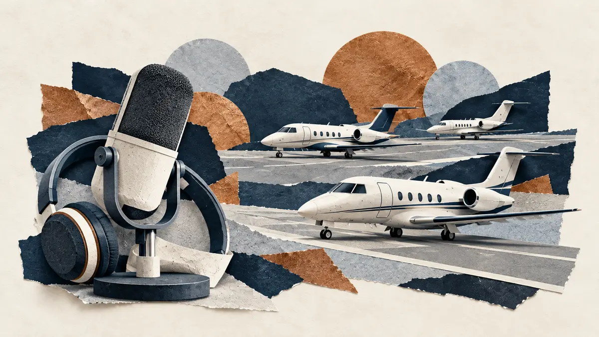 Cut-paper collage of a podcast microphone and three generic business jets