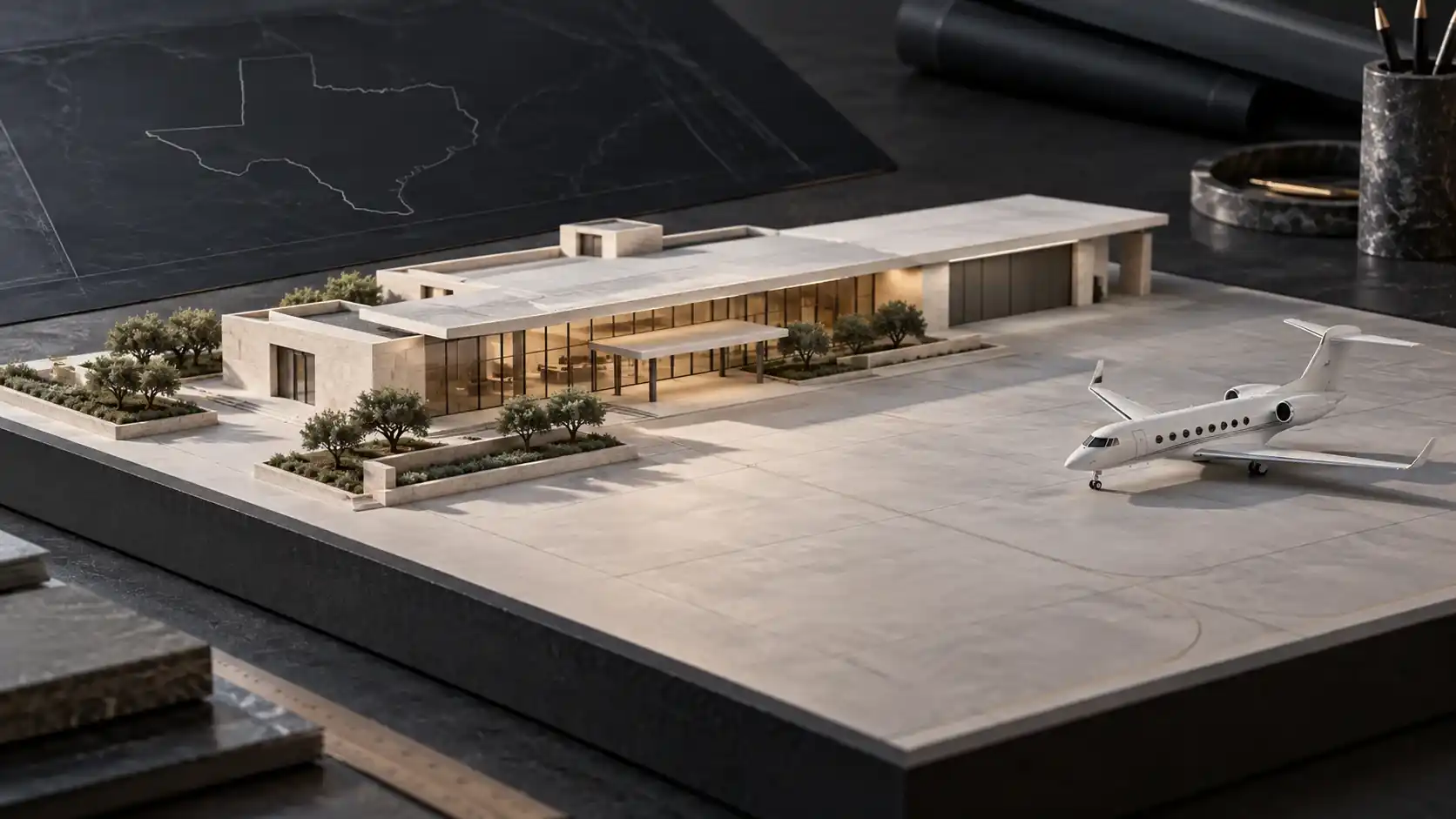 Conceptual architectural scale model of a private aviation terminal and apron with a miniature business jet
