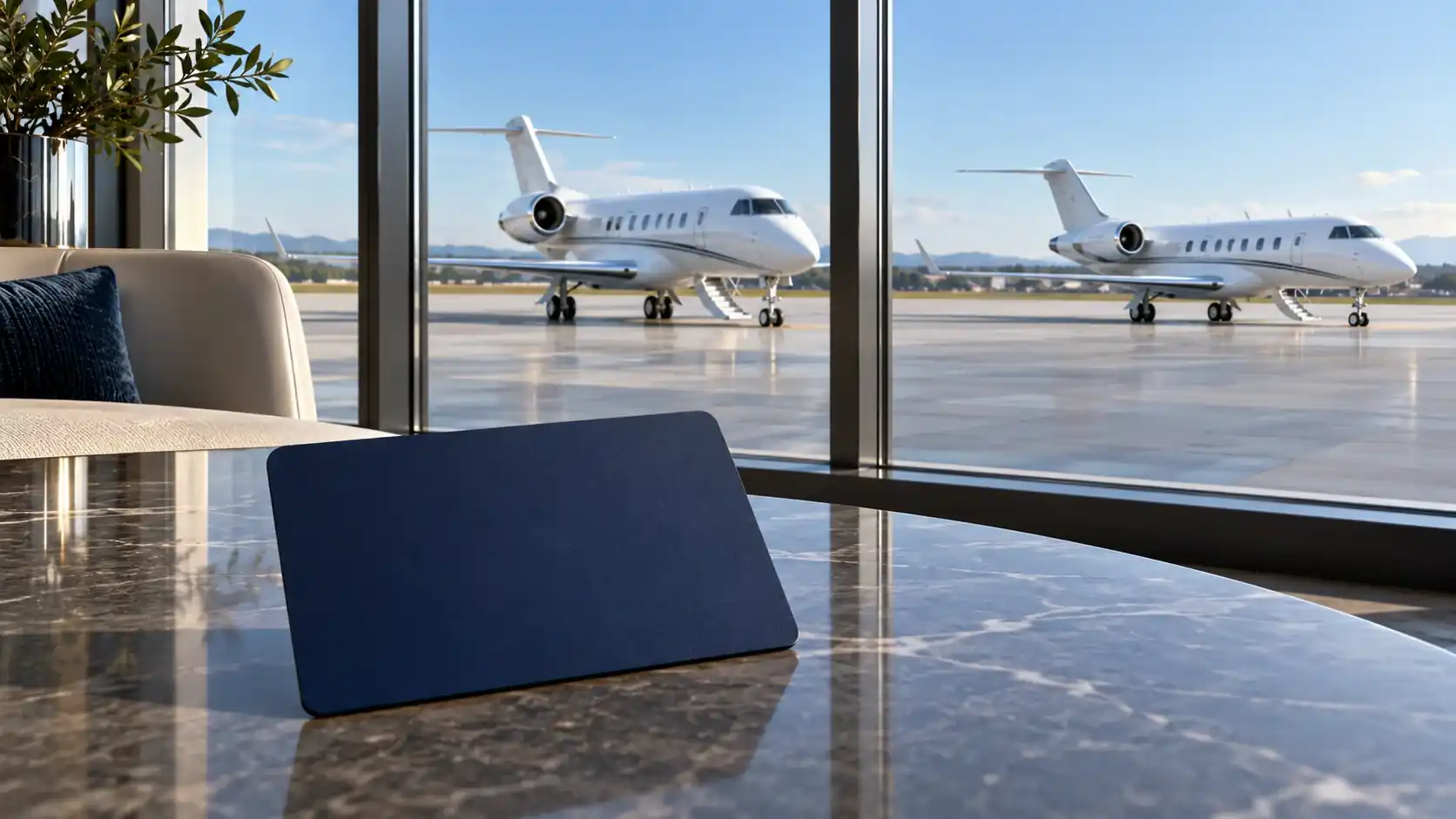 Unbranded navy membership card on an airport lounge table with business jets visible through the windows