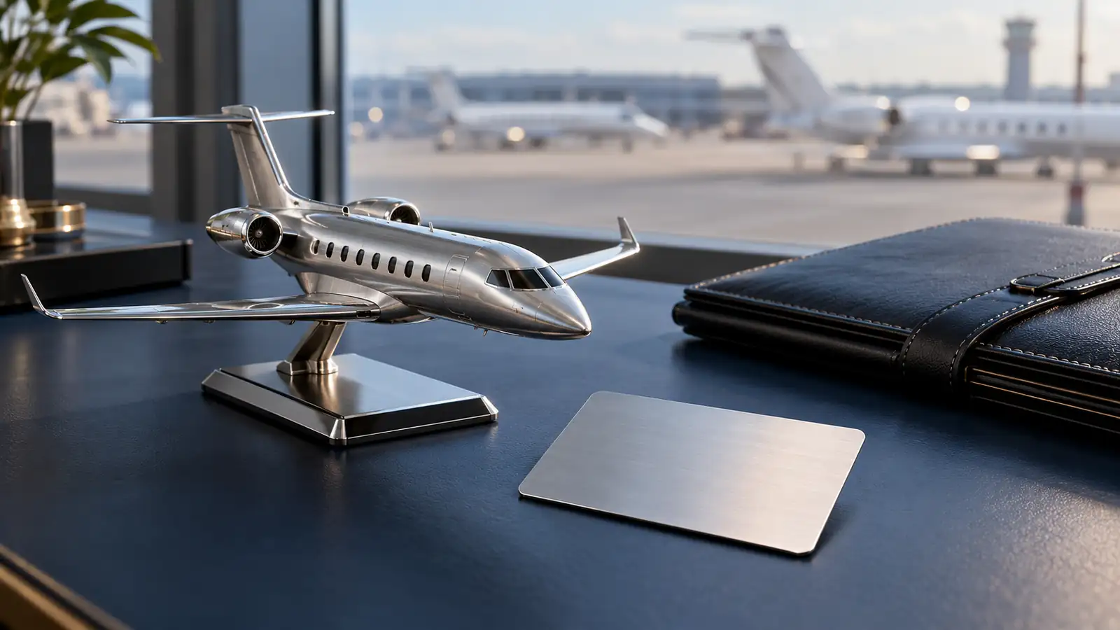 Silver business jet model beside a blank membership card and a leather travel folder