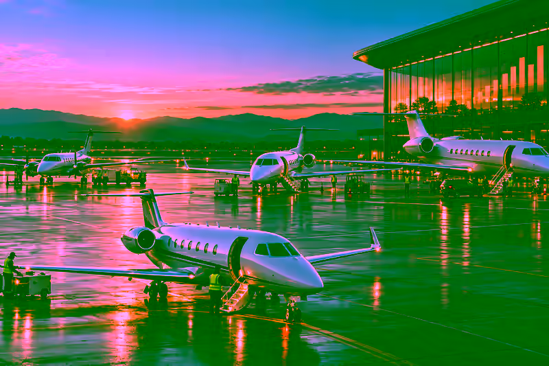 Conceptual busy private-aviation ramp with several business aircraft preparing for departure at sunrise