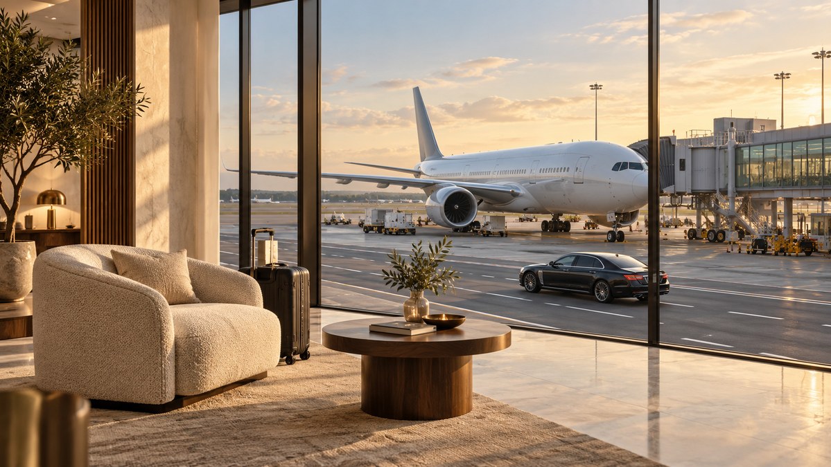 Editorial illustration of a quiet airport suite overlooking a chauffeur car and a large commercial airliner at a gate