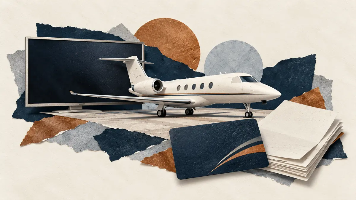 Cut-paper collage of a blank television, a generic business jet, a membership card and documents