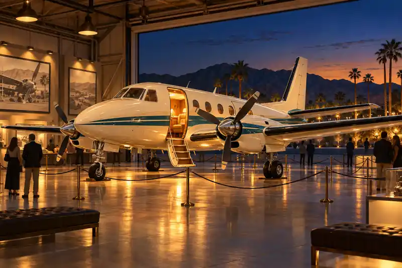 Editorial illustration of a restored vintage twin-engine turboprop displayed in a Palm Springs museum hangar at dusk with its cabin door open