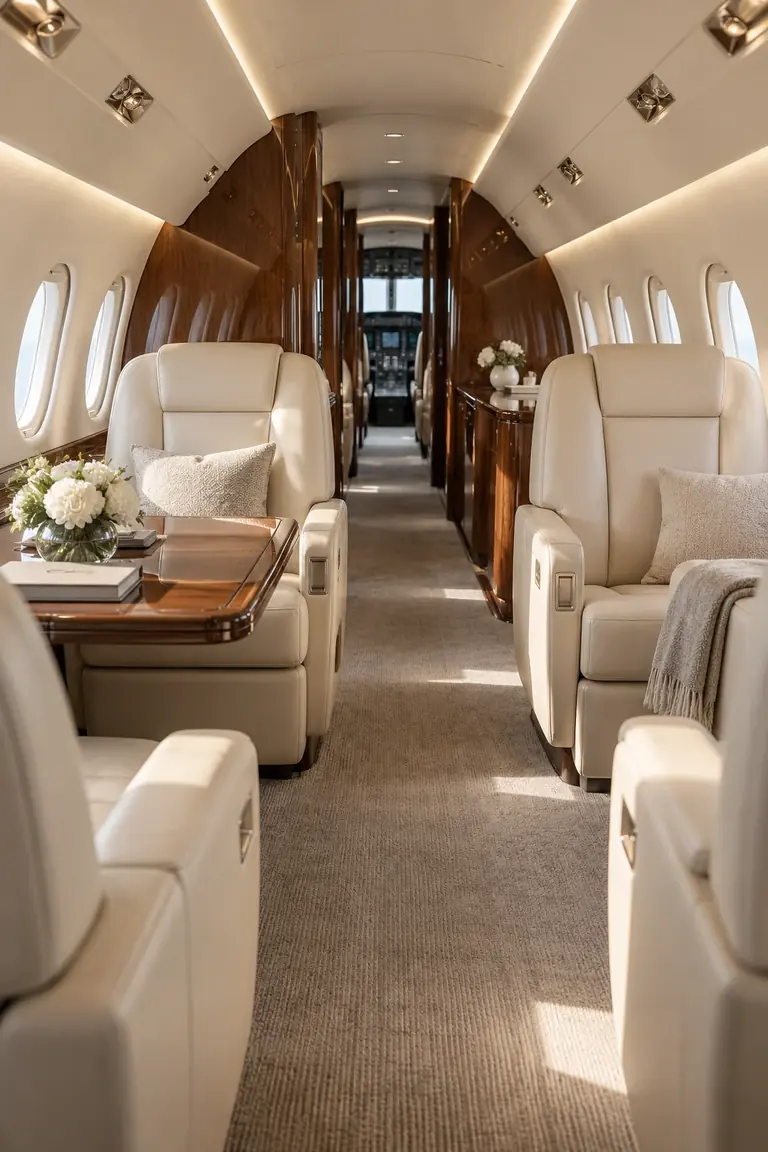 A private jet cabin with cream leather seating and walnut detailing; illustrative image