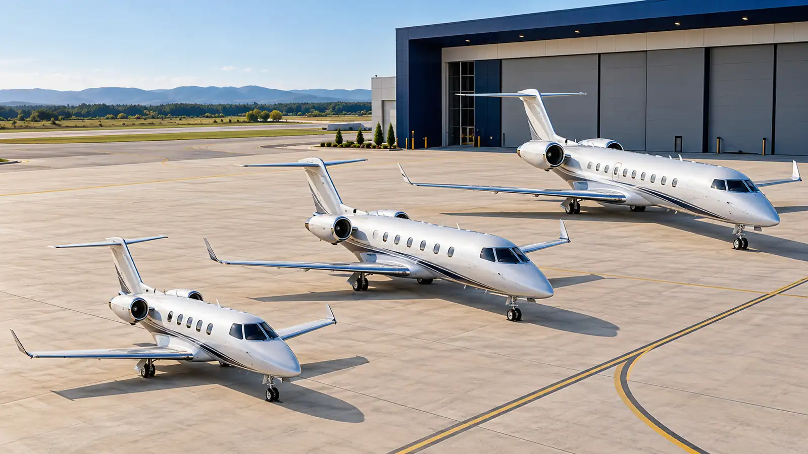 Three unbranded business jets of different sizes parked beside a navy hangar