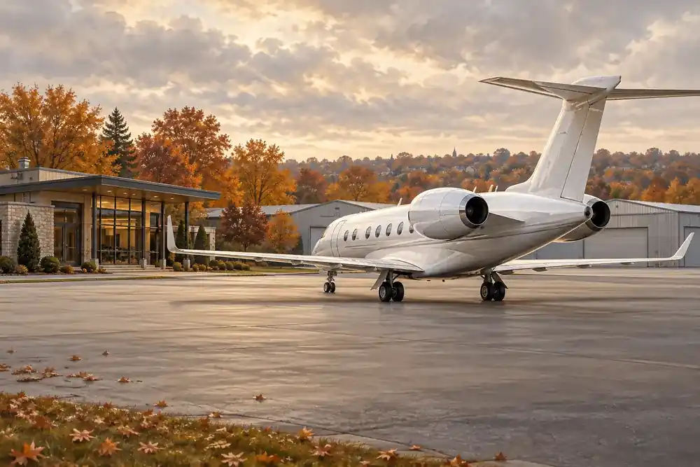 Editorial illustration of a business jet at a suburban American airfield in autumn.