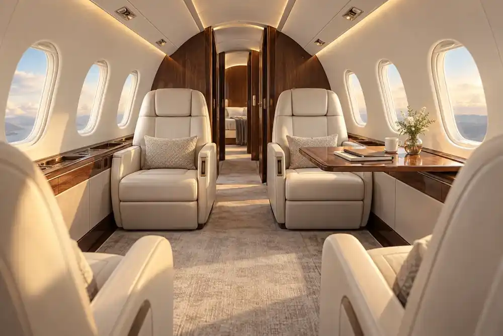 Editorial illustration of an empty long-range private jet cabin with cream leather seats.