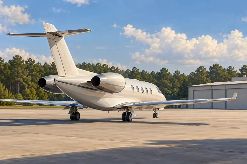 Editorial illustration of a small business jet on an eastern North Carolina airport ramp.