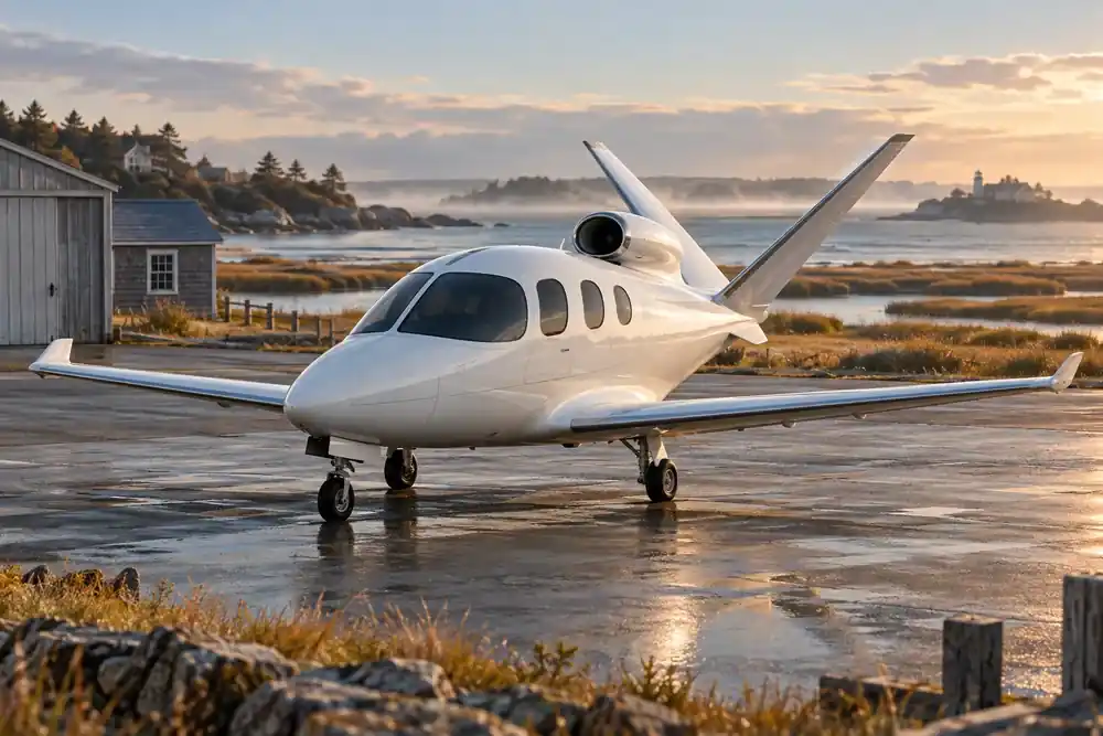 Editorial illustration of a Vision Jet-style aircraft with a single upper engine and V-tail at a Northeast coastal airport.