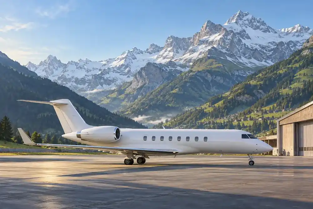 Editorial illustration of a business jet at an alpine airport beneath Swiss mountain peaks.