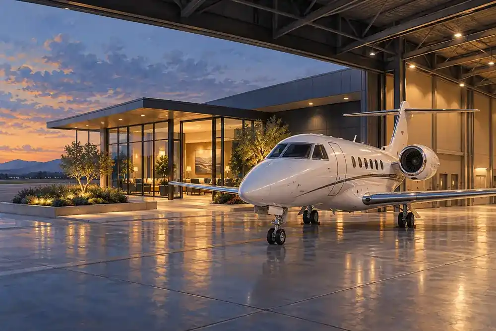 Editorial illustration of a business jet beside a boutique terminal and open hangar at dusk.