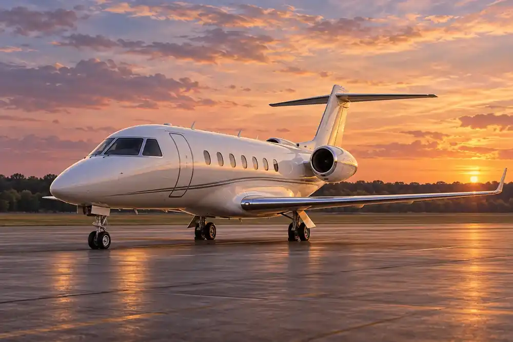 Editorial illustration of a midsize business jet at a Mississippi airfield at sunset.