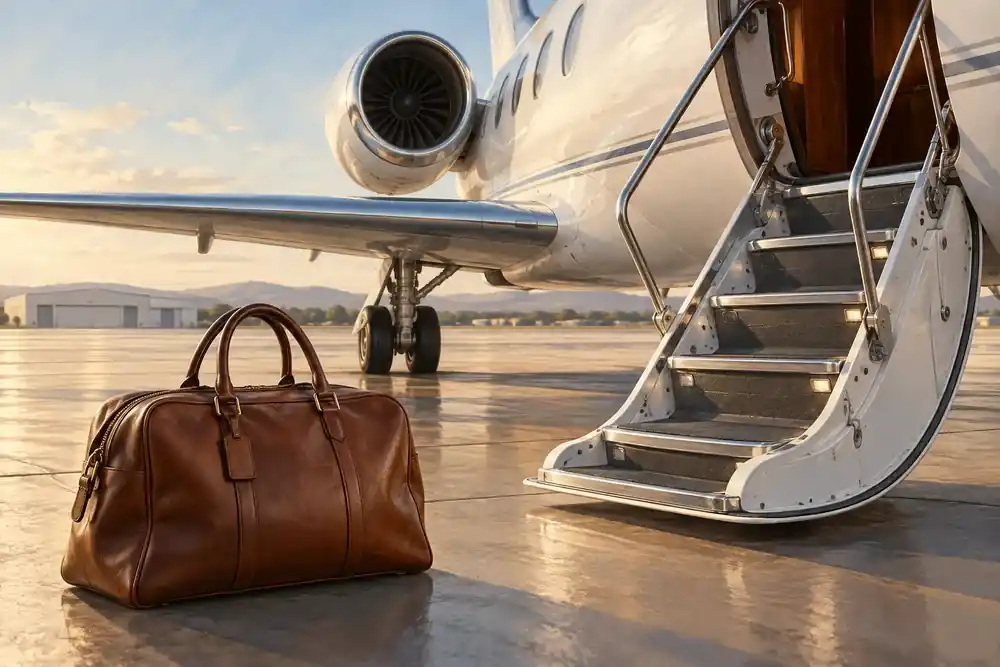 Editorial illustration of a leather travel bag beside private aircraft boarding steps.