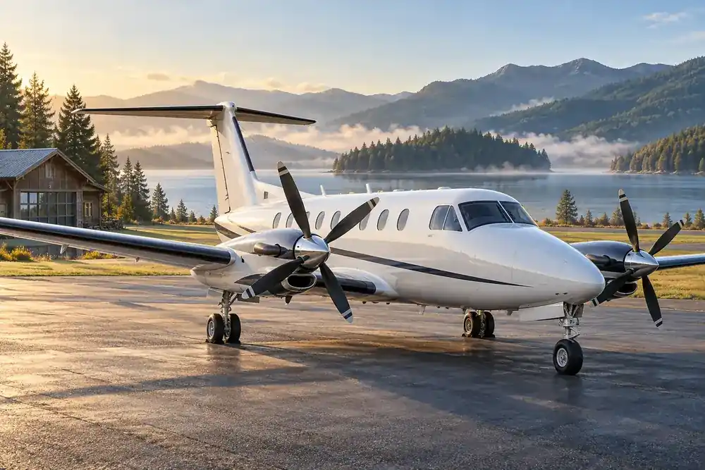 Editorial illustration of a twin-engine turboprop parked beside a lake airfield.
