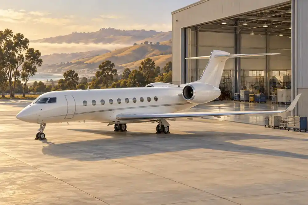 Editorial illustration of a large business jet outside a maintenance hangar amid California hills.
